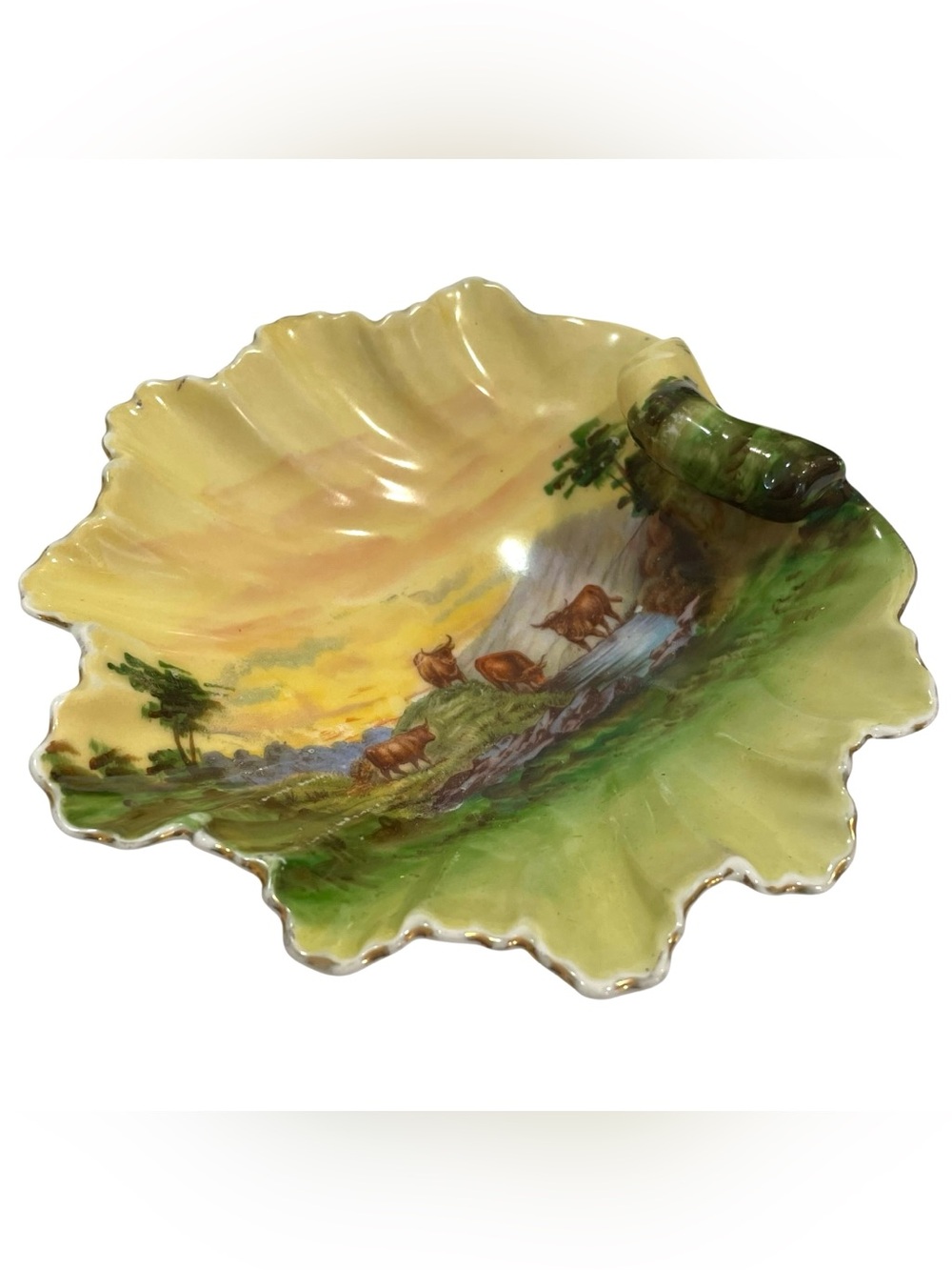 Antique 1910s Prussia Royal Rudolstadt Shell Shaped Dish Pastoral Bull Landscape